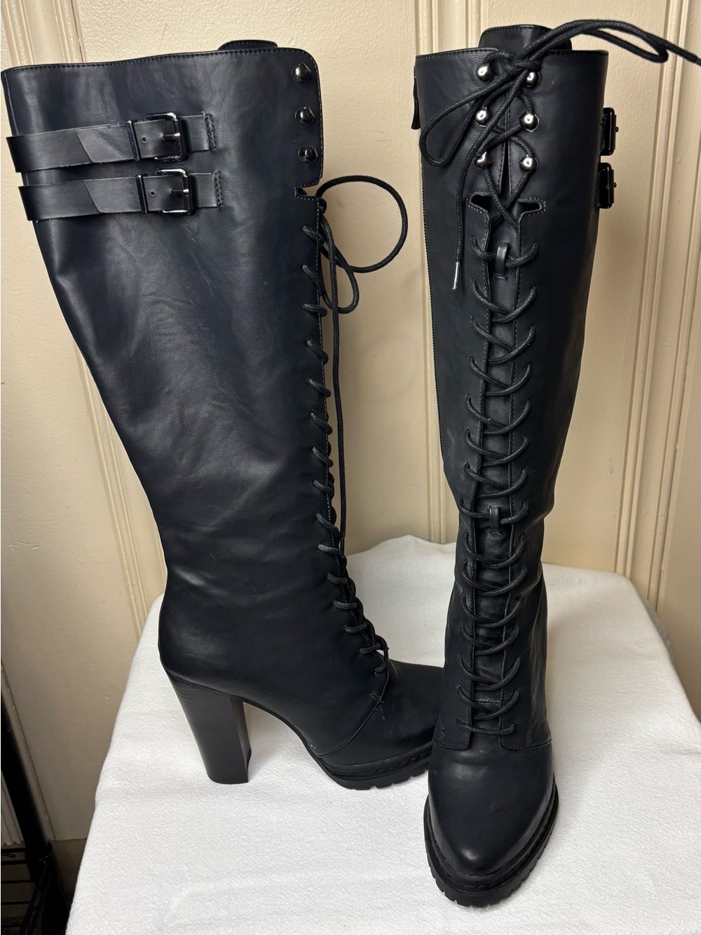 BCBG Black Lace-Up Knee-High Block-Heeled Boots with Buckles
